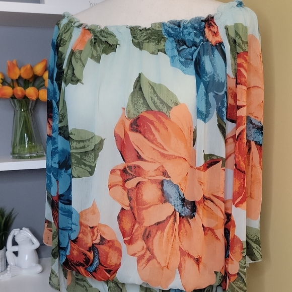 Floral Off-Shoulder Blouse Sheer Blue Teal Orange Green - Picture 3 of 12